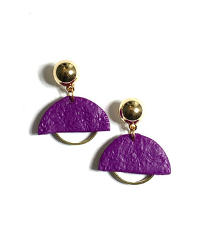 Open image in slideshow, Half Moon Embossed Polymer Clay Earrings with Gold
