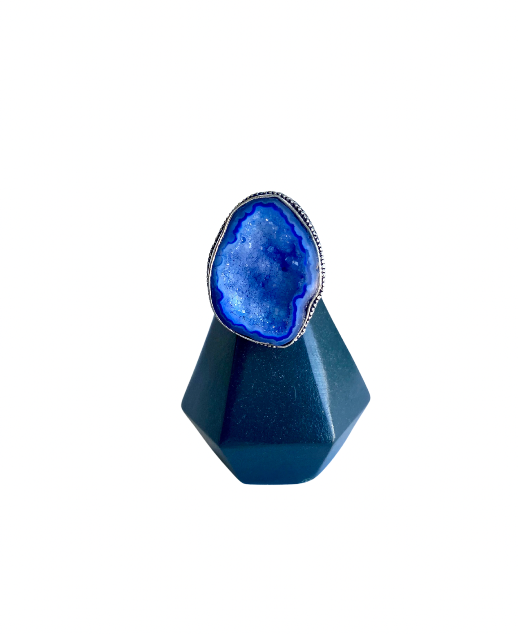 Blue Agate Geode Druzy Gemstone 925 Silver Plated Antique Ring - Size 8