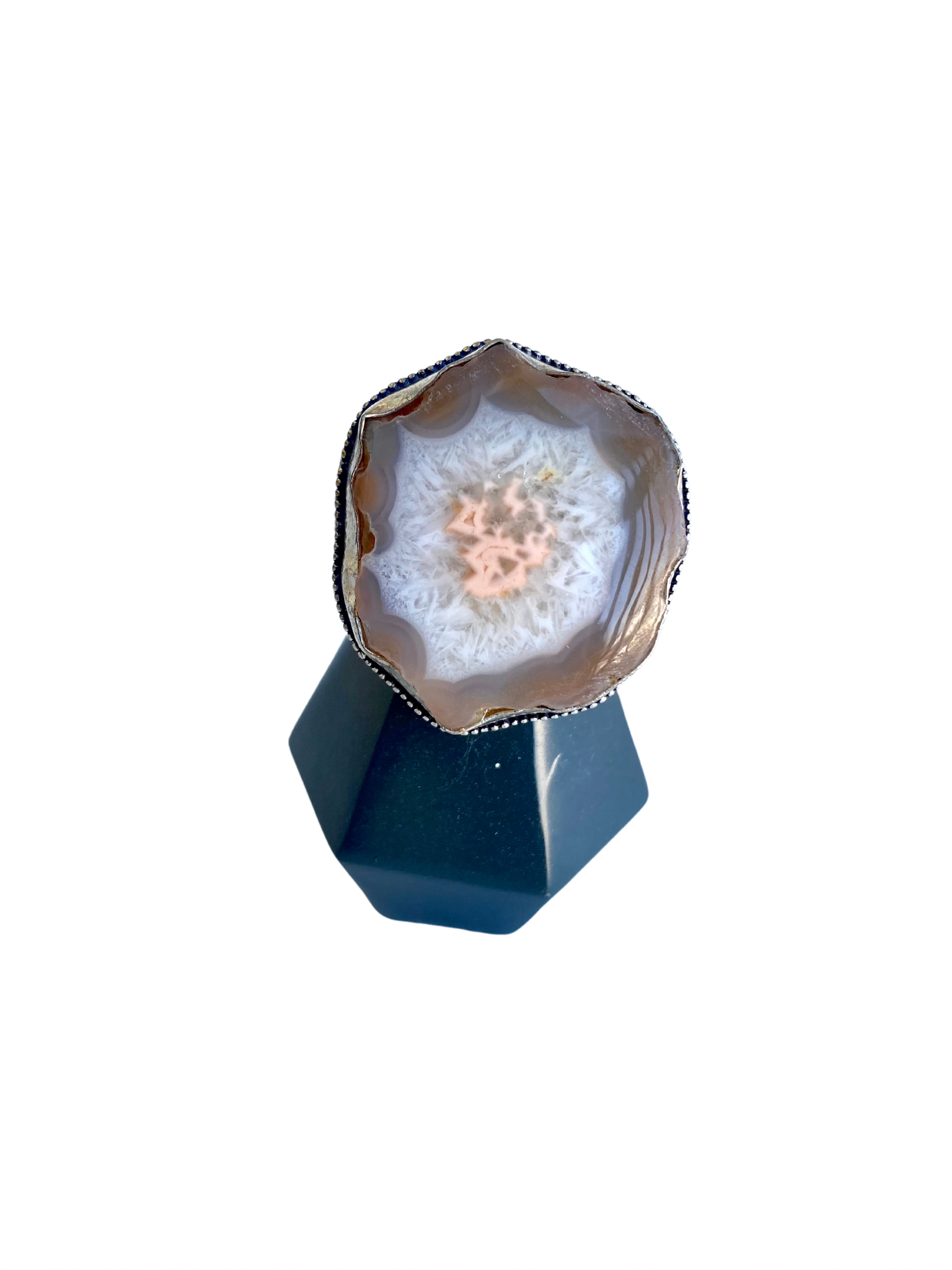 Tan/White Agate Geode Druzy Gemstone 925 Silver Plated Antique Ring - Size 9.5