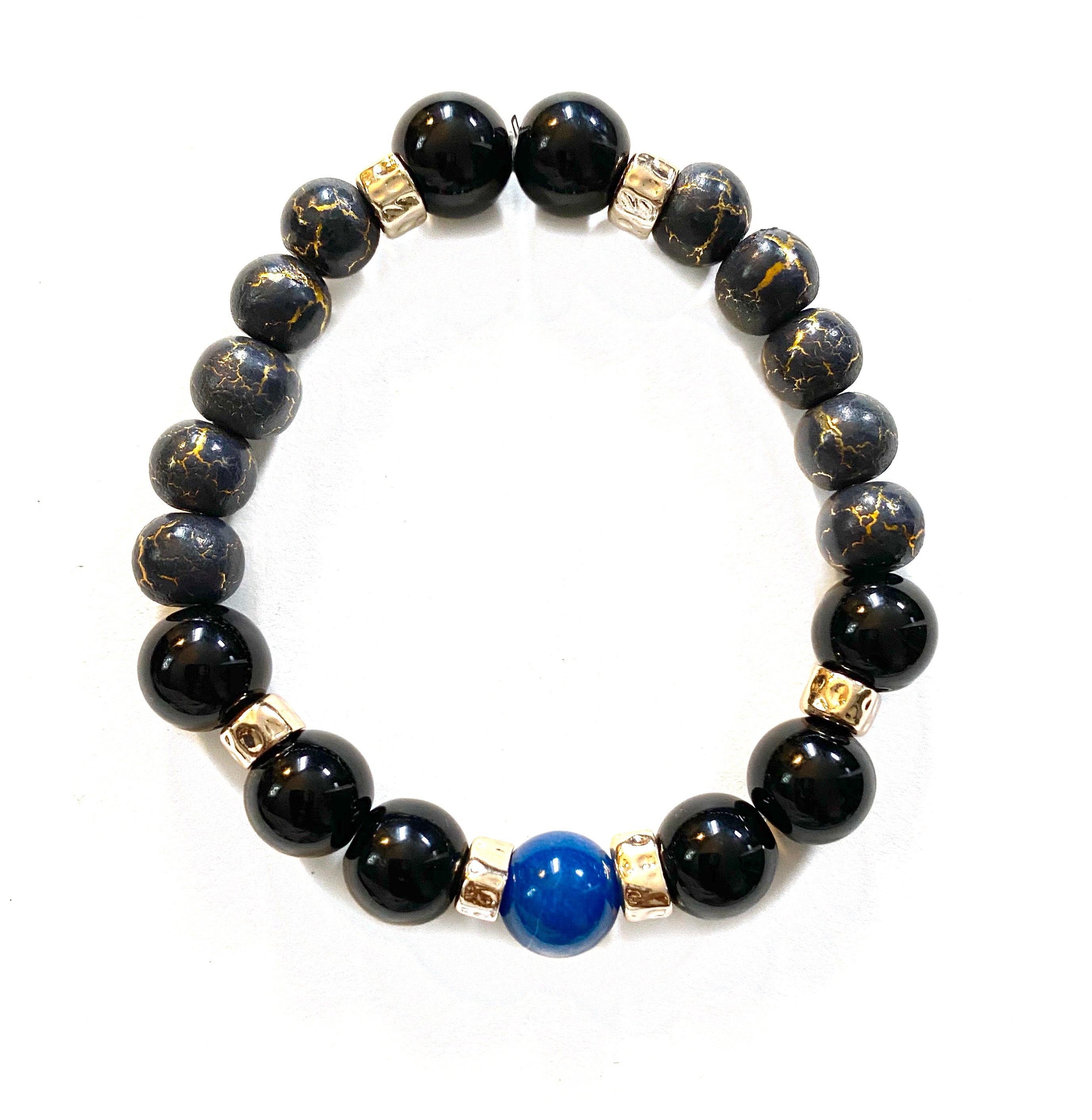 Dark Blue & Black/Gold Beaded Bracelet with Gold
