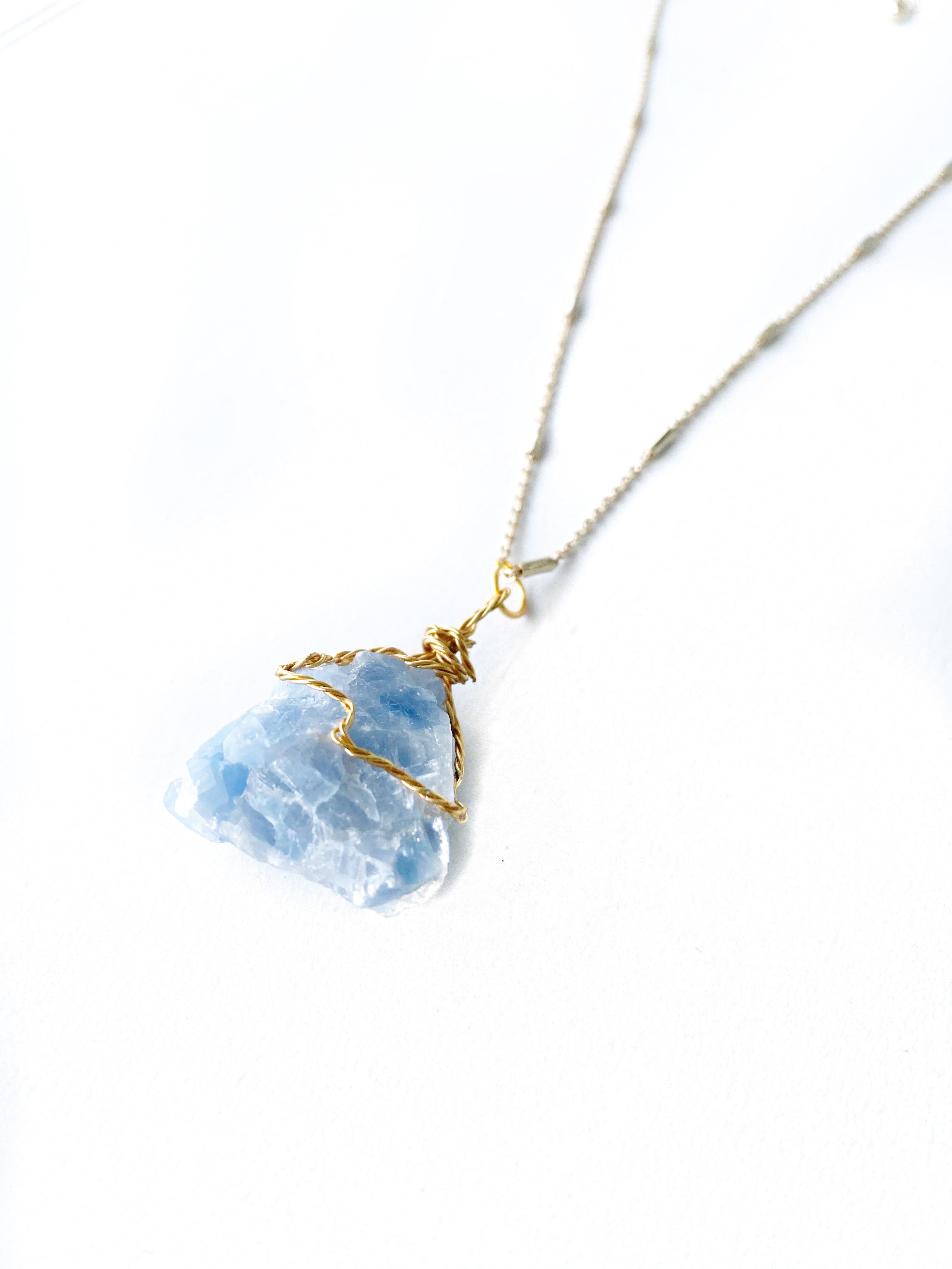 Rough Blue Calcite Gemstone Crystal Gold Necklace