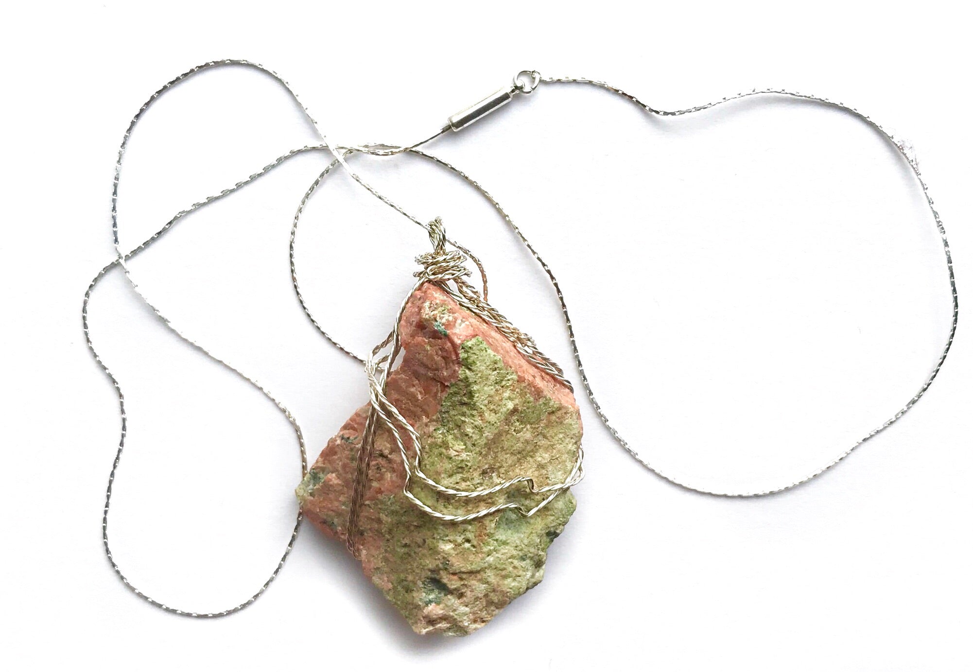 Unakite Gemstone Wire Wrapped Silver Necklace