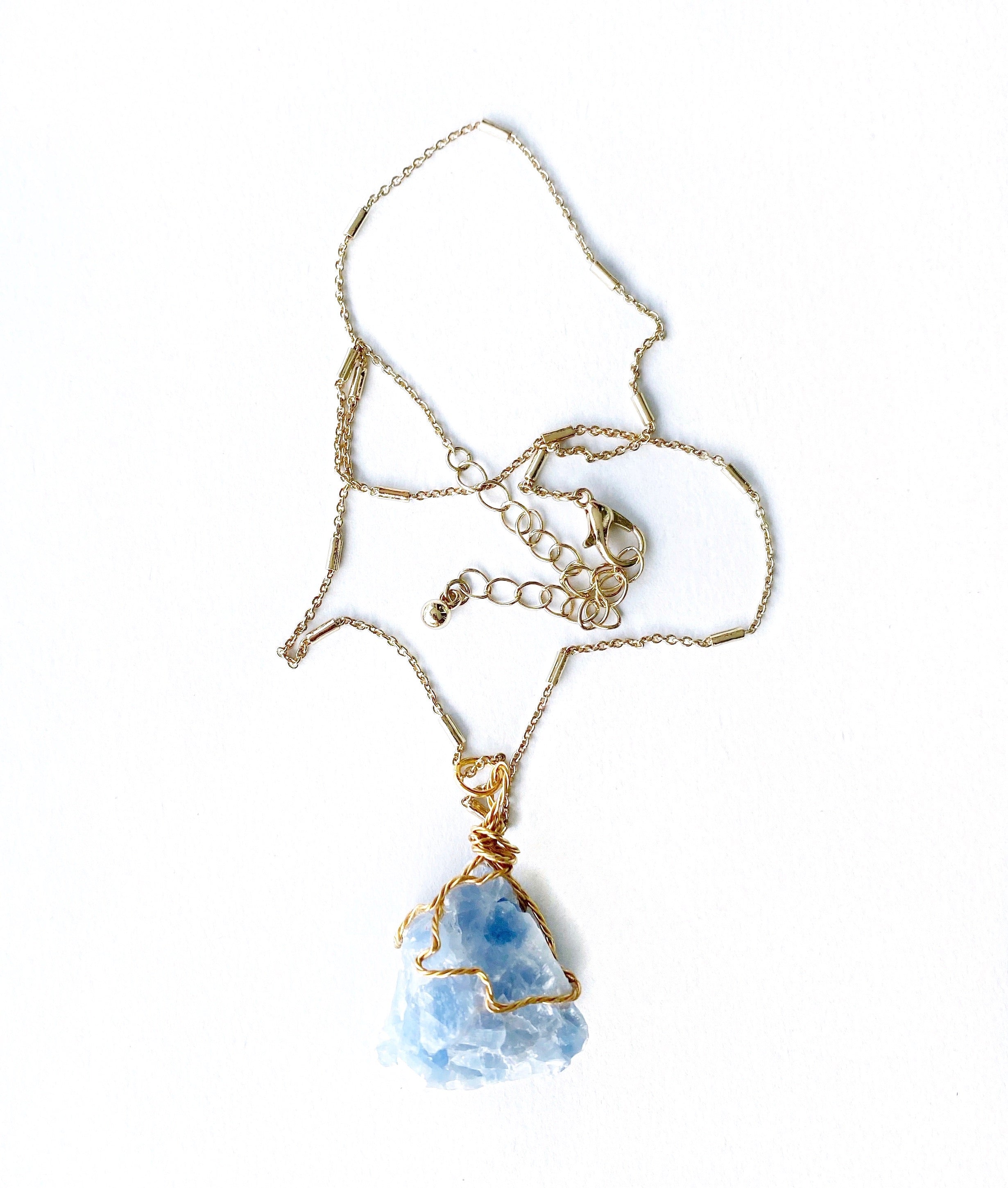 Rough Blue Calcite Gemstone Crystal Gold Necklace