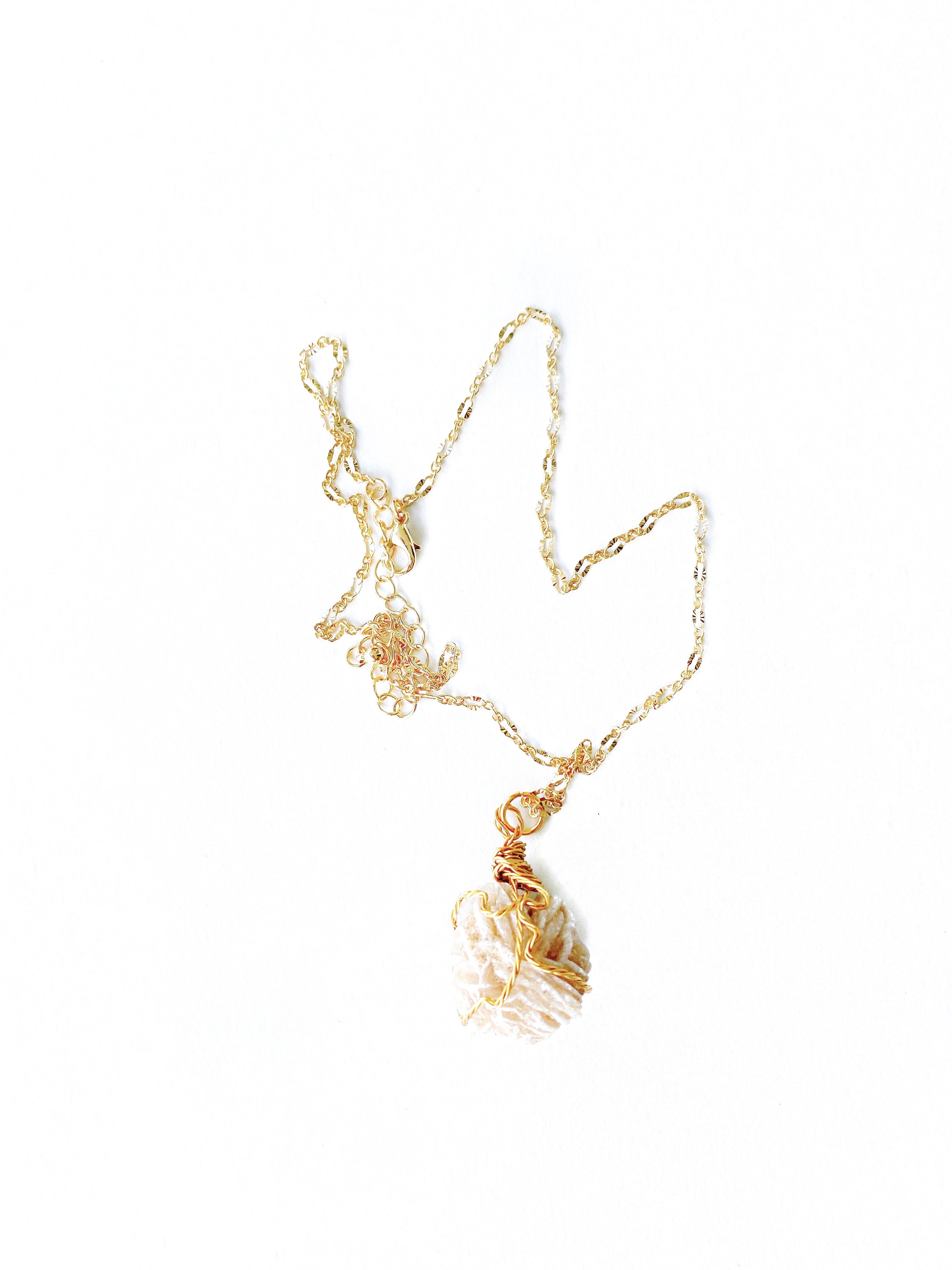Gypsum Desert Rose Wire-Wrapped Gold Necklace